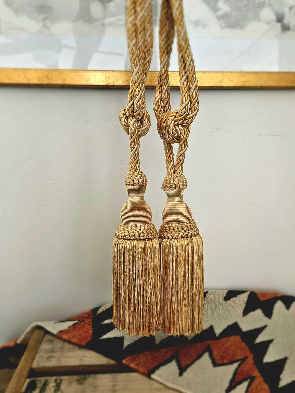 Vintage Gold Braided Rope Curtain Tiebacks Pair Large Tassel Drapery Holdbacks
